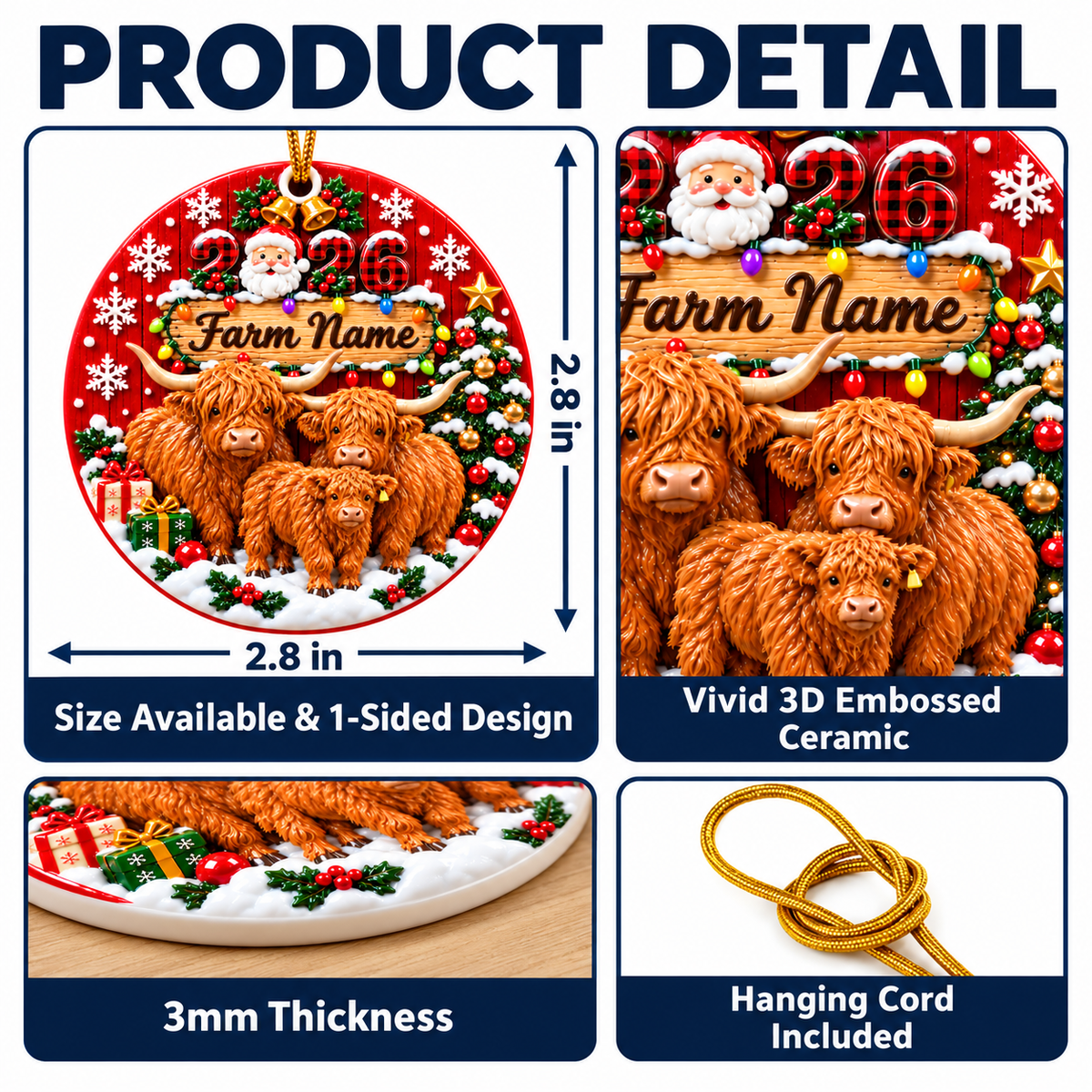 Personalized Farm Name Highland Cattle Gift For Farmers - Circle Ceramic Ornament