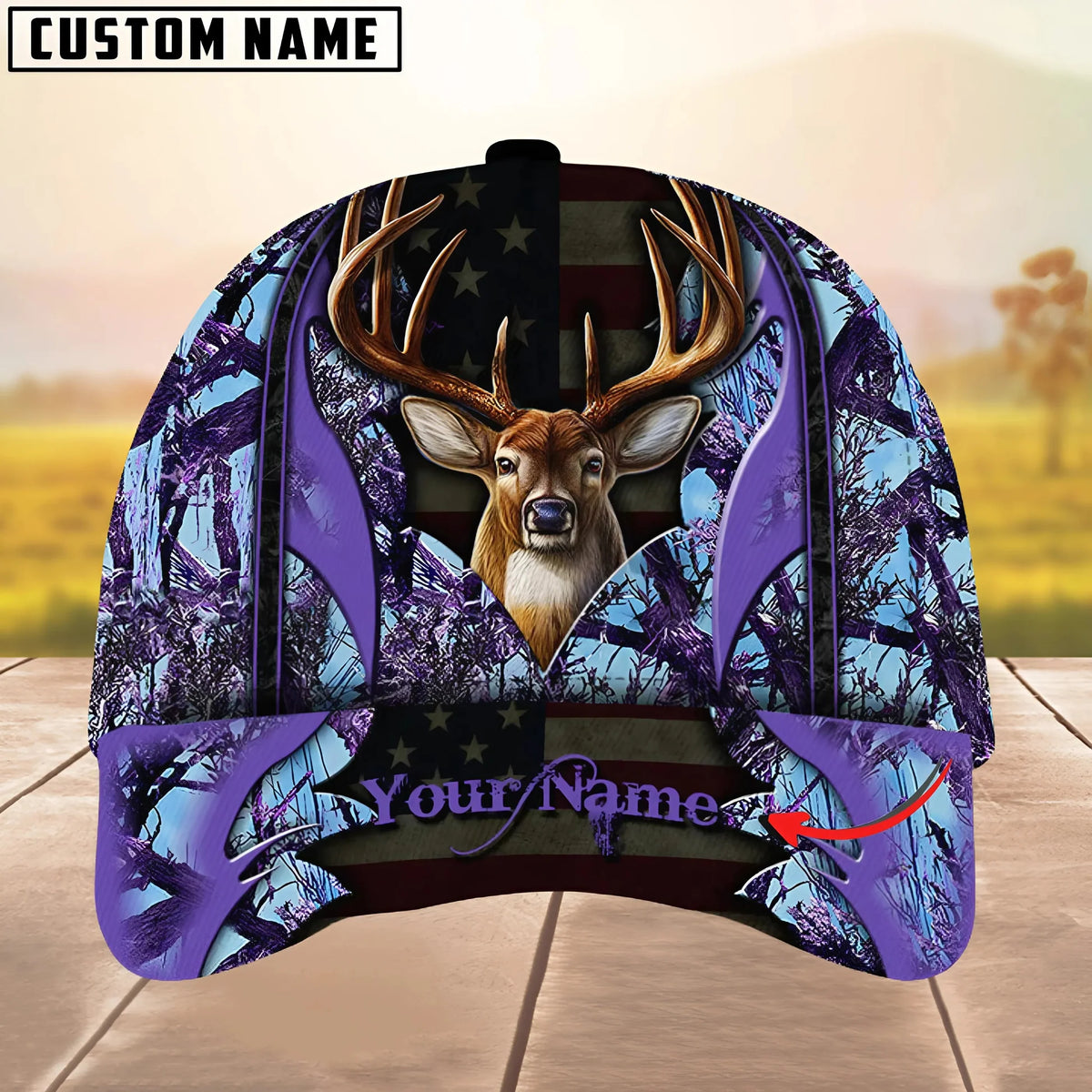 Personalized Name Deer Hunting US Flag Forest Camo Pattern Multi Color Classic Cap