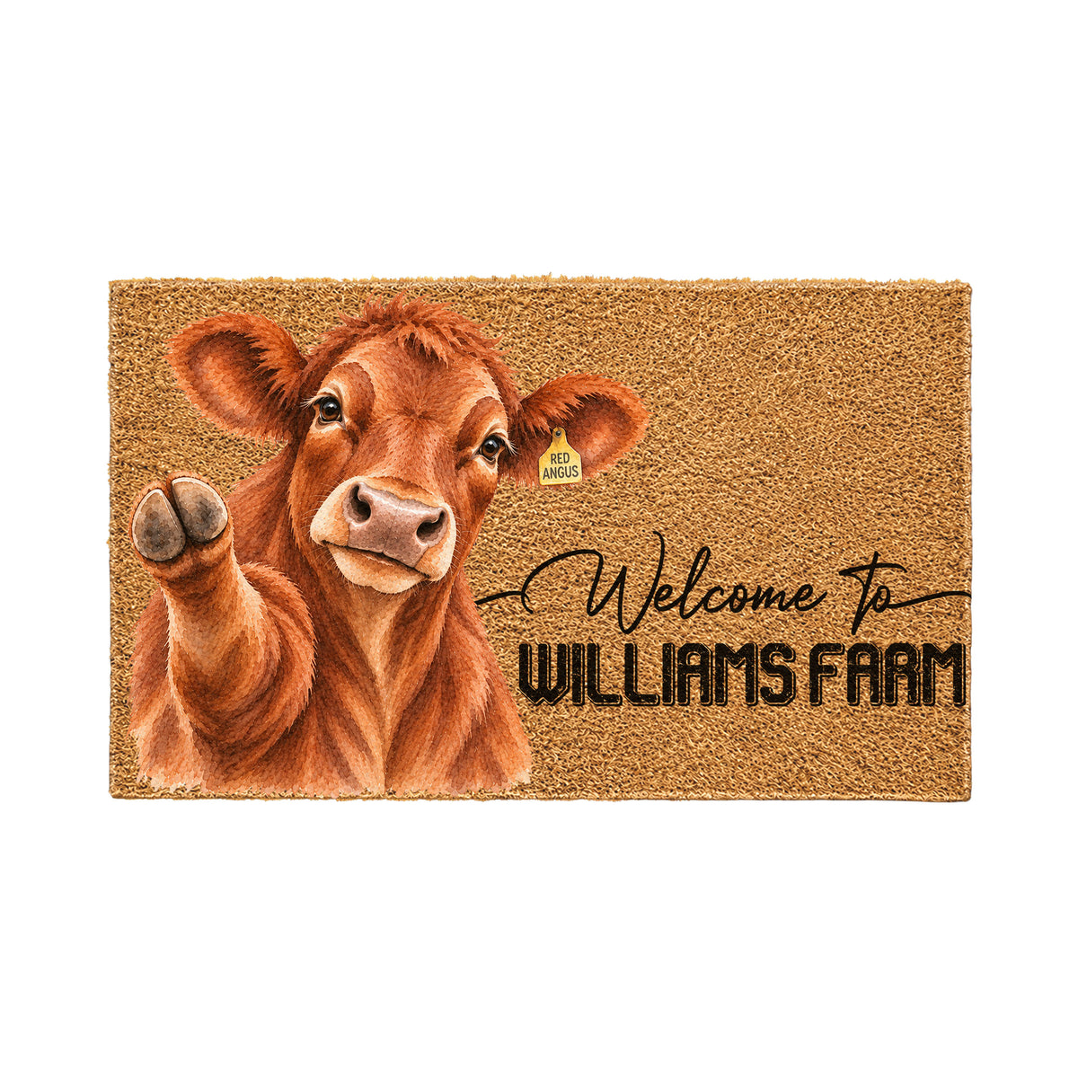 Welcome Red Angus Portrait Watercolor Art Welcome Mat - Personalized Farm Name Weigh Coir Doormat