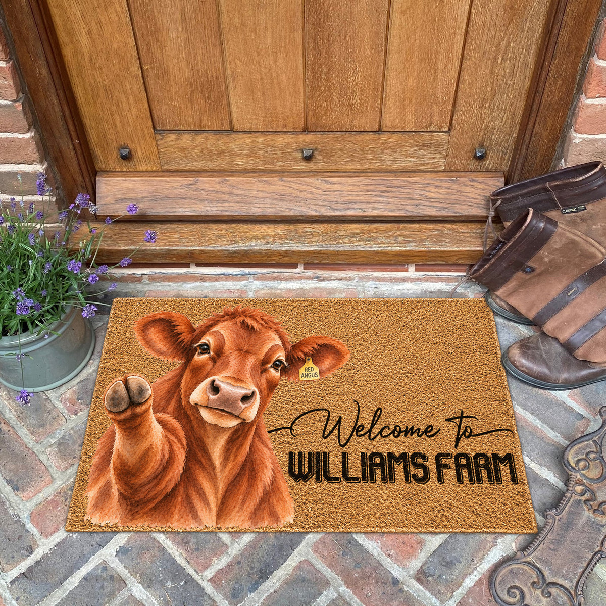 Welcome Red Angus Portrait Watercolor Art Welcome Mat - Personalized Farm Name Weigh Coir Doormat