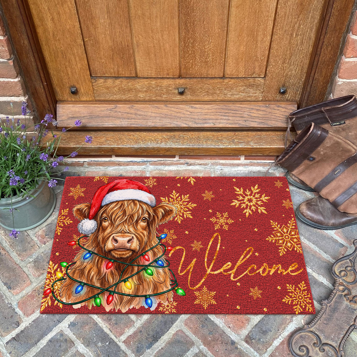 Christmas Gift Highland Portrait Watercolor Art Welcome Mat - Personalized Weigh Coir Doormat