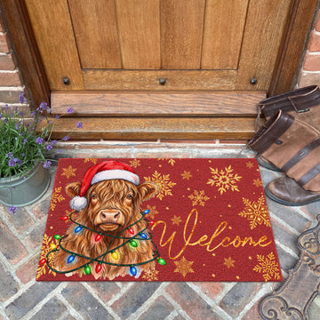 Christmas Gift Highland Portrait Watercolor Art Welcome Mat - Personalized Weigh Coir Doormat