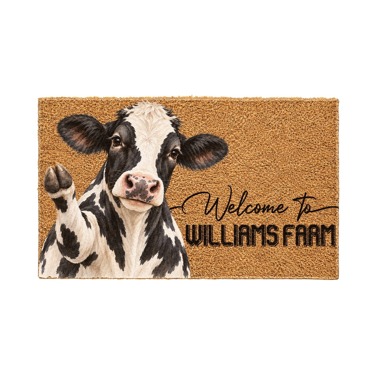 Welcome Holstein Portrait Watercolor Art Welcome Mat - Personalized Farm Name Weigh Coir Doormat