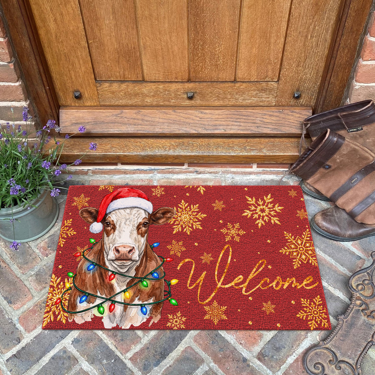 Christmas Gift Hereford Portrait Watercolor Art Welcome Mat - Personalized Weigh Coir Doormat
