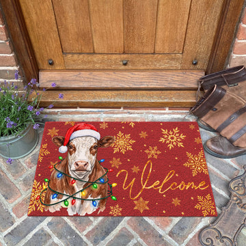 Christmas Gift Hereford Portrait Watercolor Art Welcome Mat - Personalized Weigh Coir Doormat