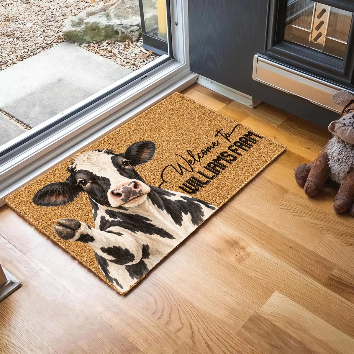 Welcome Holstein Portrait Watercolor Art Welcome Mat - Personalized Farm Name Weigh Coir Doormat