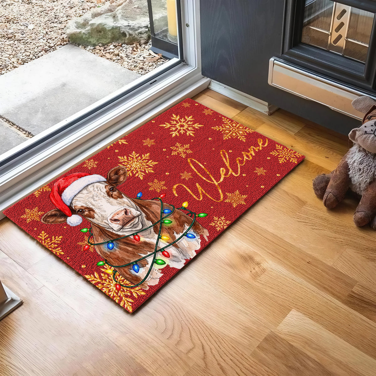 Christmas Gift Hereford Portrait Watercolor Art Welcome Mat - Personalized Weigh Coir Doormat