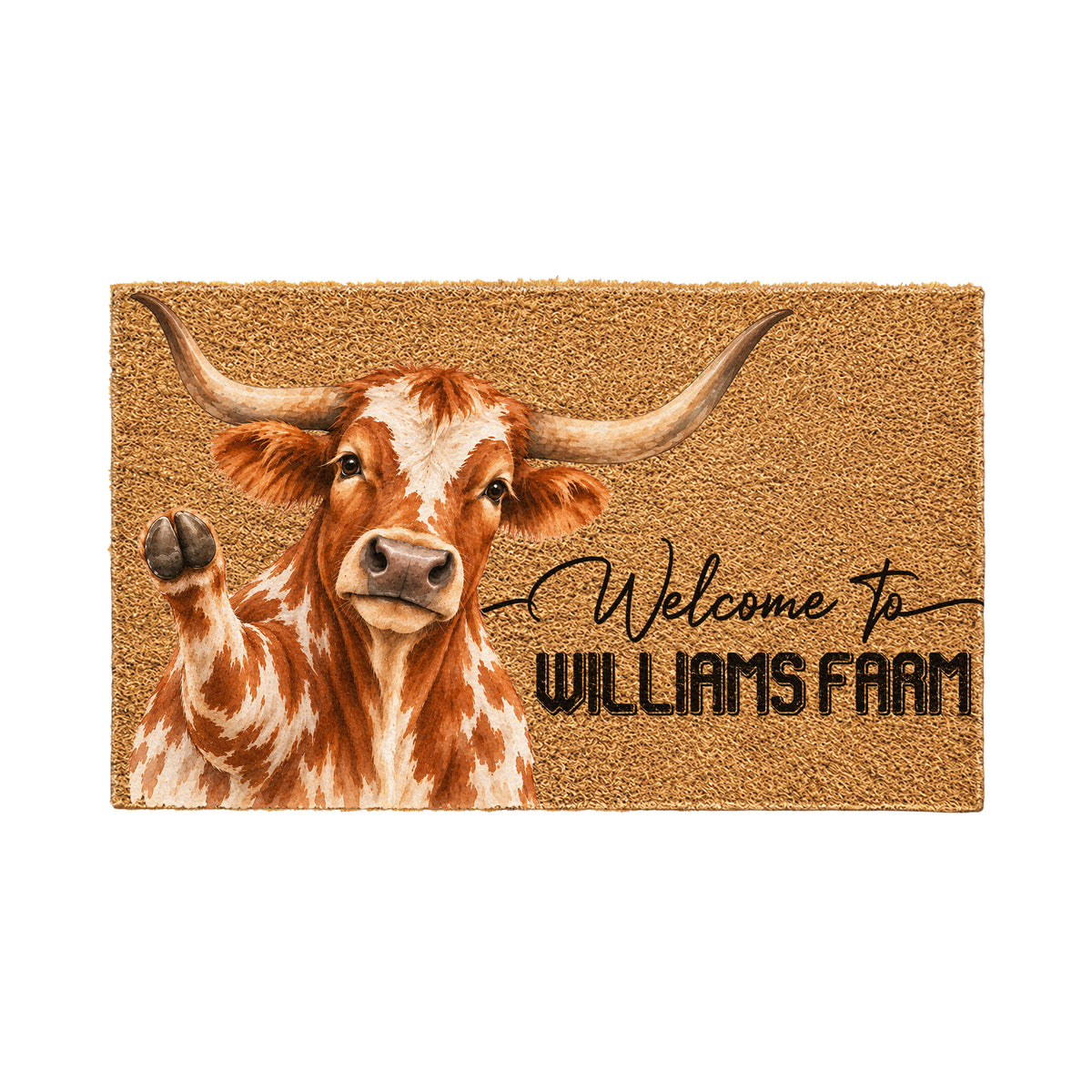 Welcome Texas Longhorn Portrait Watercolor Art Welcome Mat - Personalized Farm Name Weigh Coir Doormat