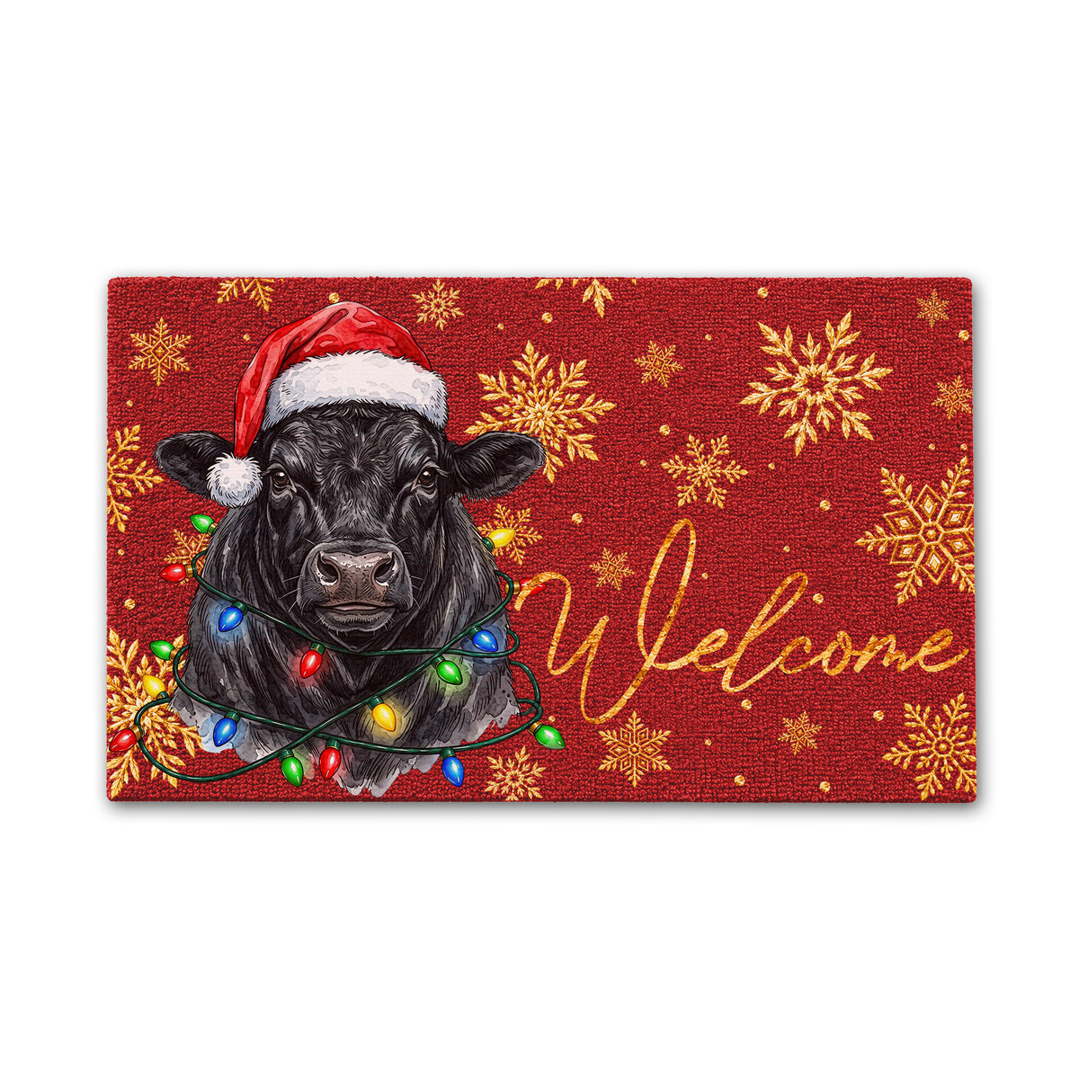 Welcome Black Angus Portrait Watercolor Art Christmas Welcome Mat - Personalized Weigh Coir Doormat