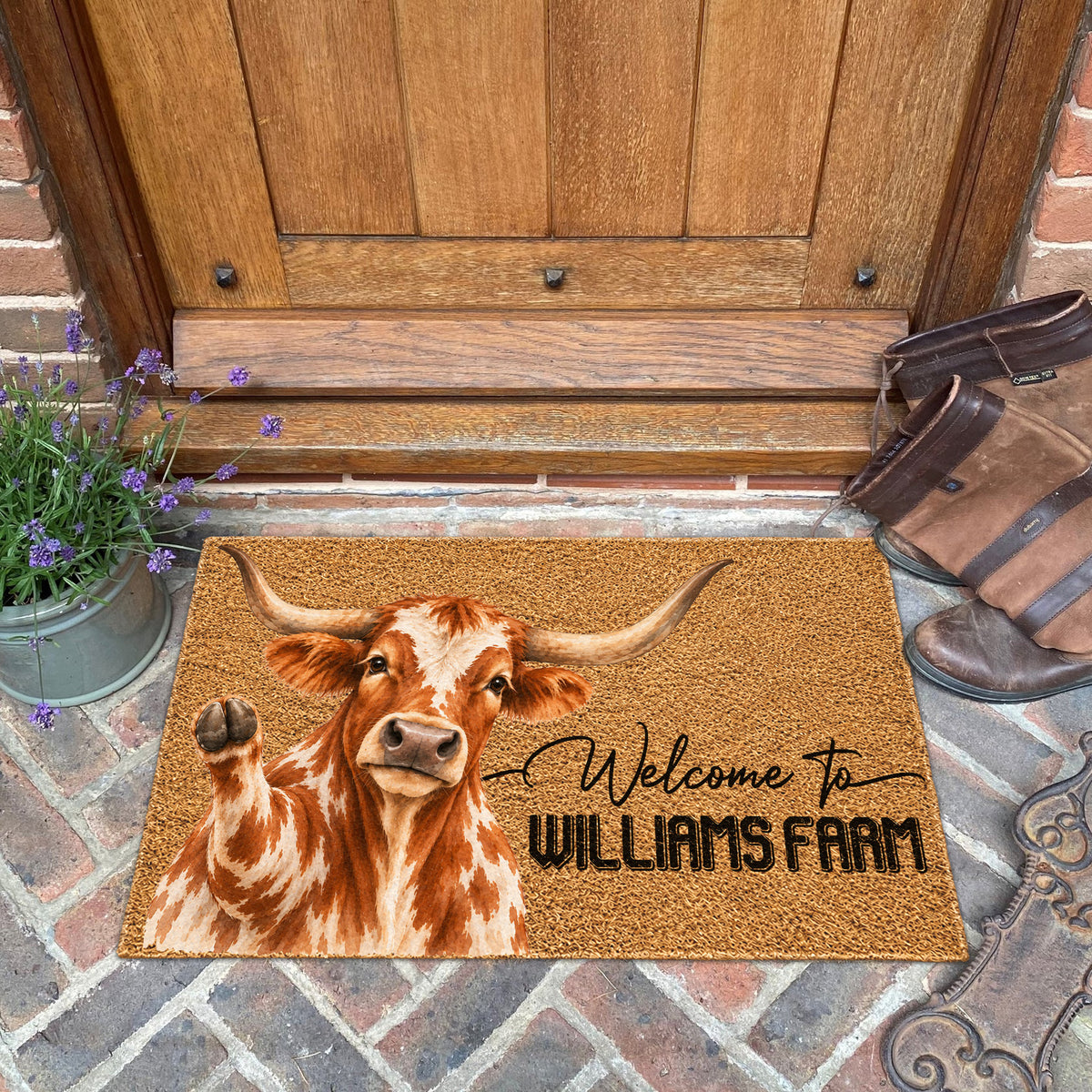 Welcome Texas Longhorn Portrait Watercolor Art Welcome Mat - Personalized Farm Name Weigh Coir Doormat