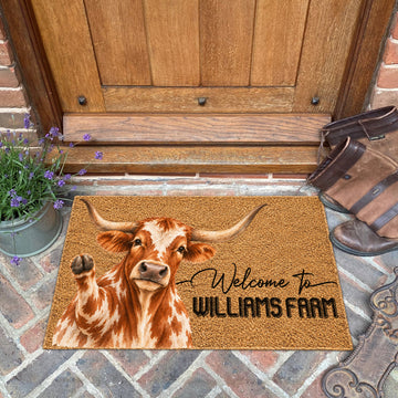 Welcome Texas Longhorn Portrait Watercolor Art Welcome Mat - Personalized Farm Name Weigh Coir Doormat