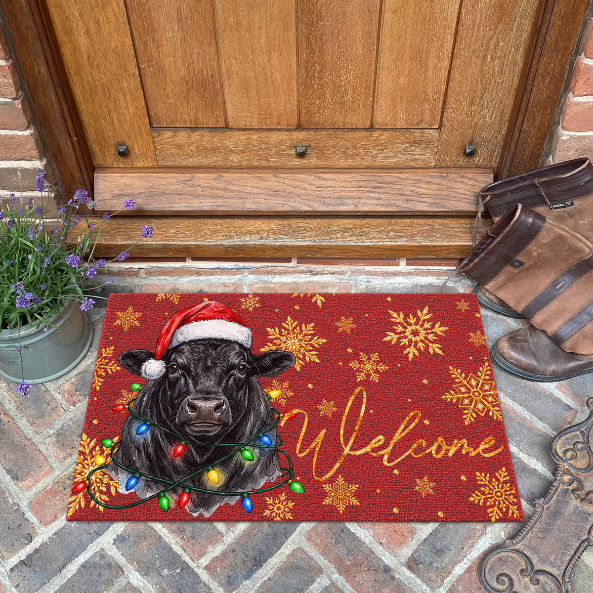 Welcome Black Angus Portrait Watercolor Art Christmas Welcome Mat - Personalized Weigh Coir Doormat