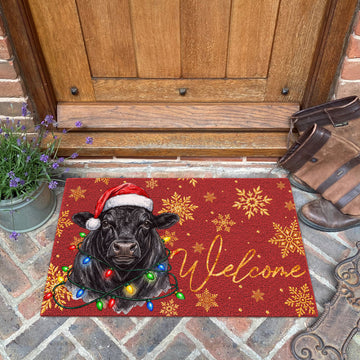 Welcome Black Angus Portrait Watercolor Art Christmas Welcome Mat - Personalized Weigh Coir Doormat