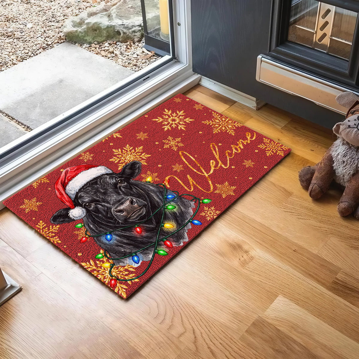 Welcome Black Angus Portrait Watercolor Art Christmas Welcome Mat - Personalized Weigh Coir Doormat