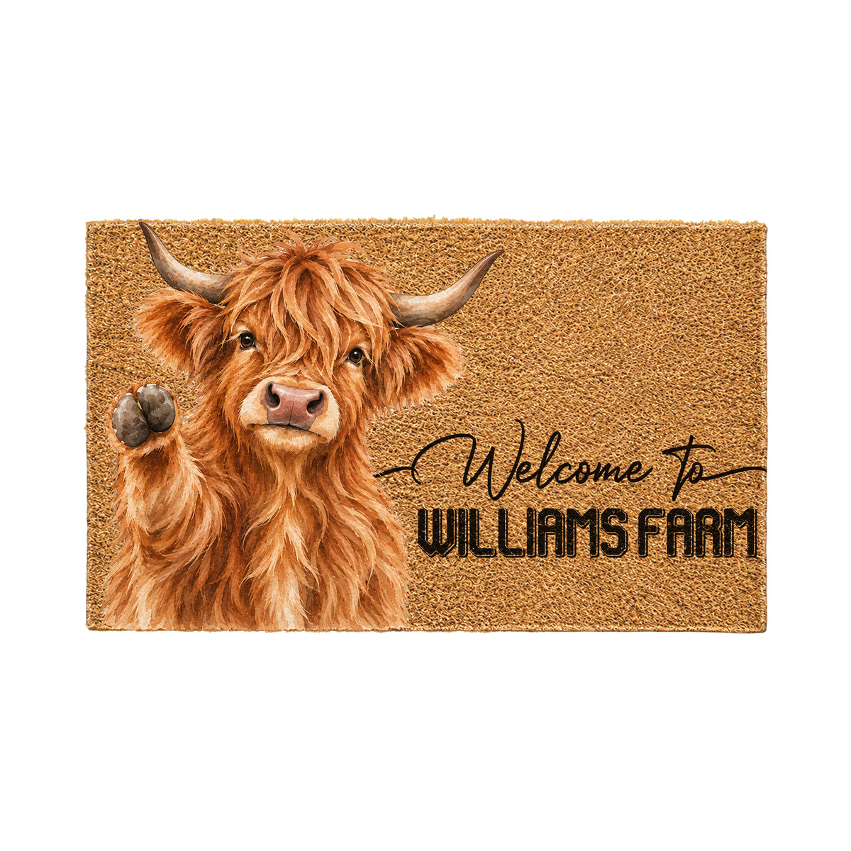 Welcome Highland Portrait Watercolor Art Welcome Mat - Personalized Farm Name Weigh Coir Doormat