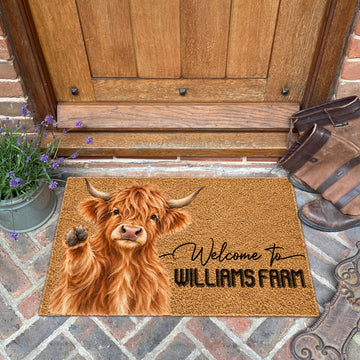 Welcome Highland Portrait Watercolor Art Welcome Mat - Personalized Farm Name Weigh Coir Doormat