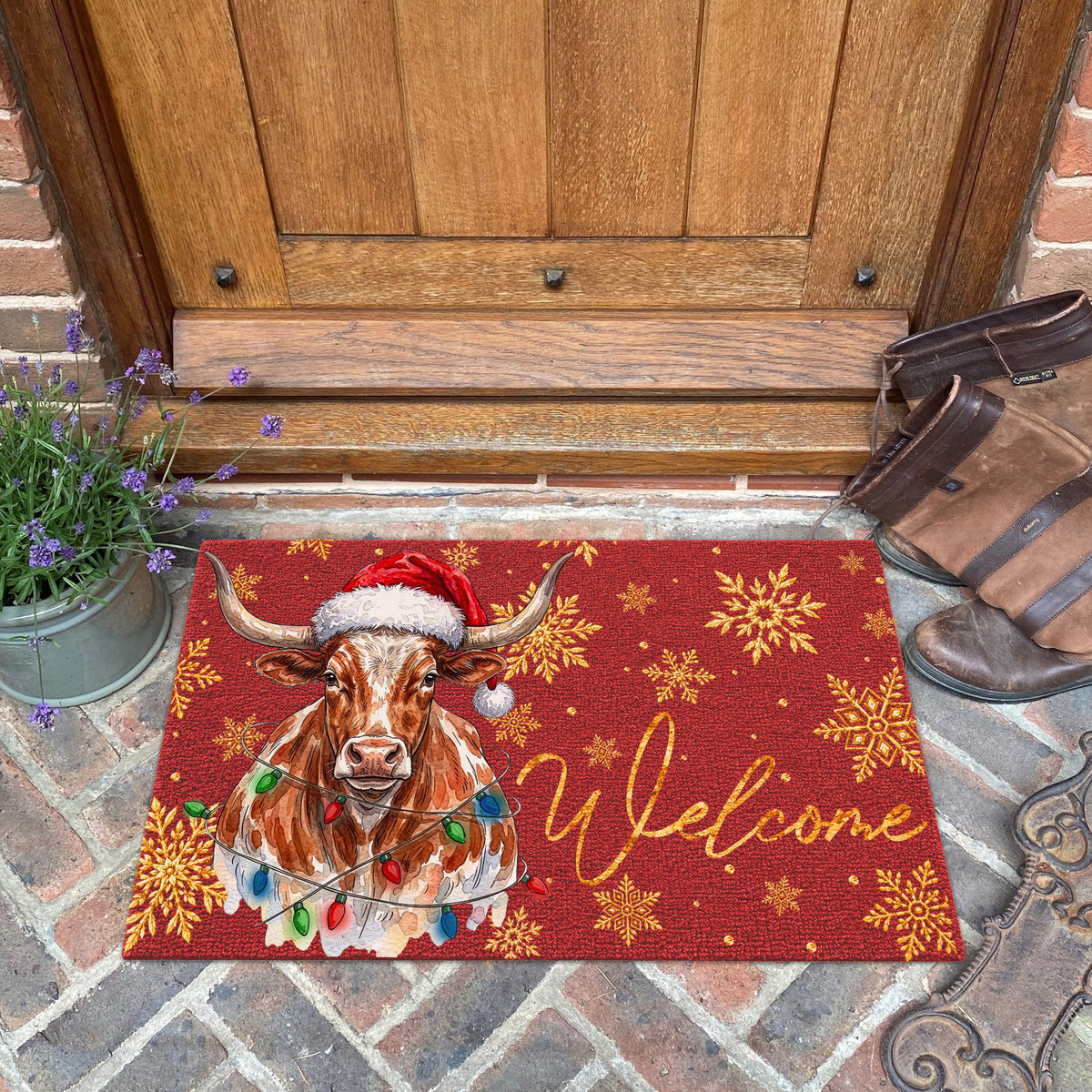 Christmas Gift Texas Longhorn Portrait Watercolor Art Welcome Mat - Personalized Weigh Coir Doormat