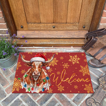 Christmas Gift Texas Longhorn Portrait Watercolor Art Welcome Mat - Personalized Weigh Coir Doormat