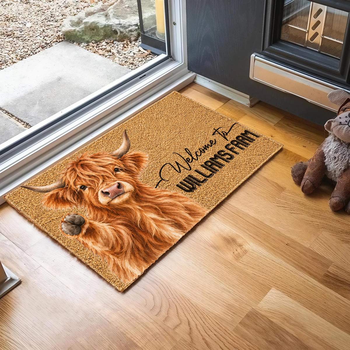 Welcome Highland Portrait Watercolor Art Welcome Mat - Personalized Farm Name Weigh Coir Doormat