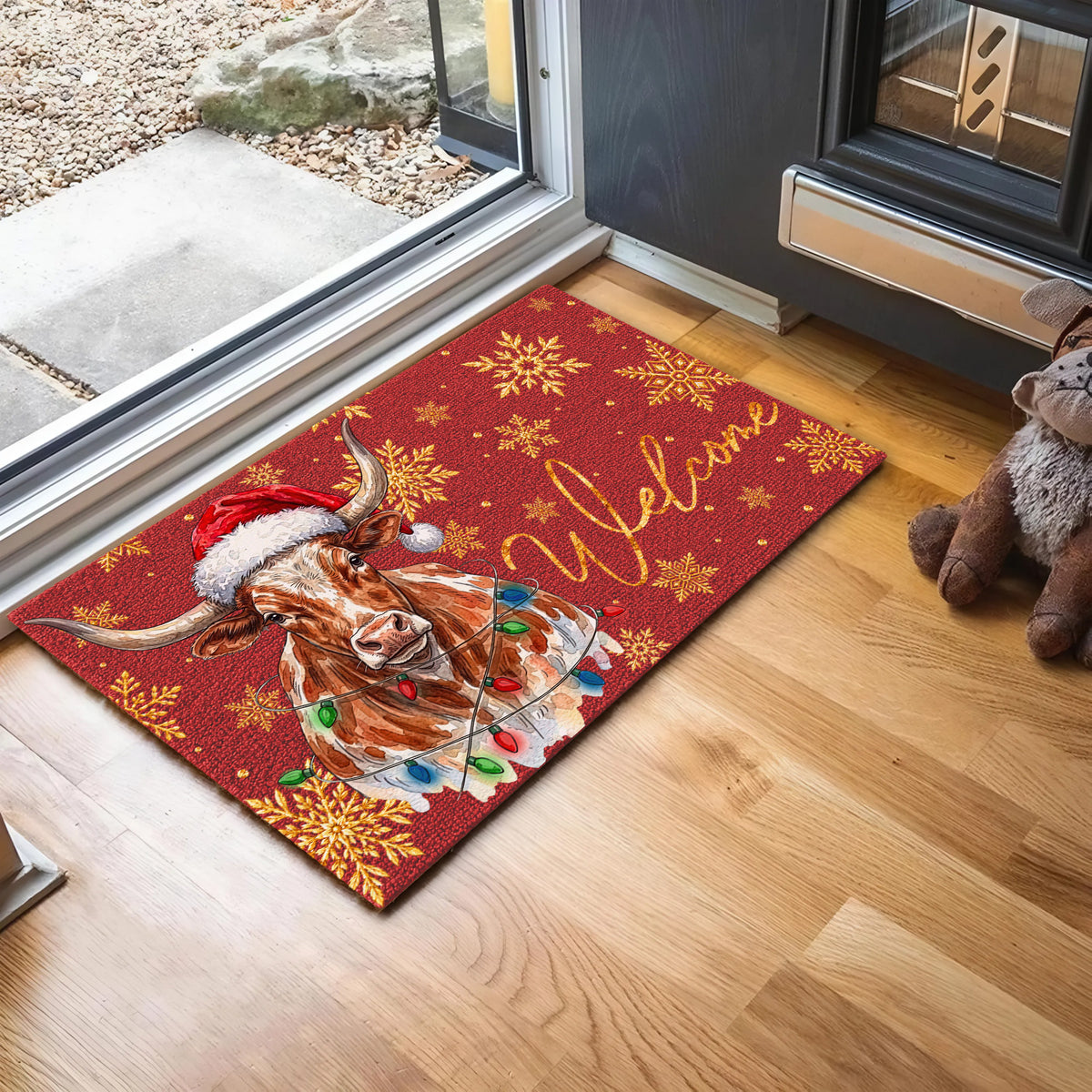 Christmas Gift Texas Longhorn Portrait Watercolor Art Welcome Mat - Personalized Weigh Coir Doormat
