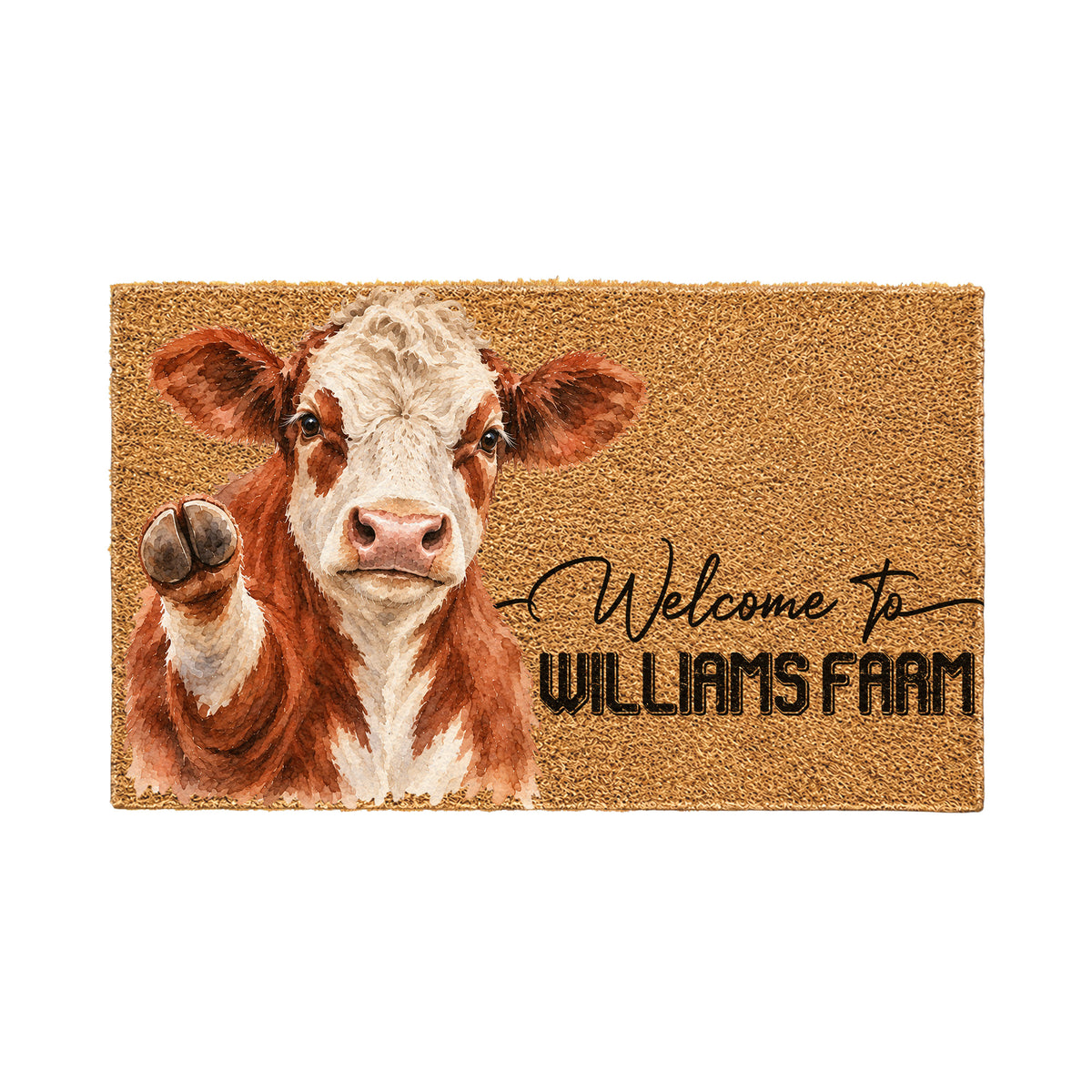 Welcome Hereford Portrait Watercolor Art Welcome Mat - Personalized Farm Name Weigh Coir Doormat