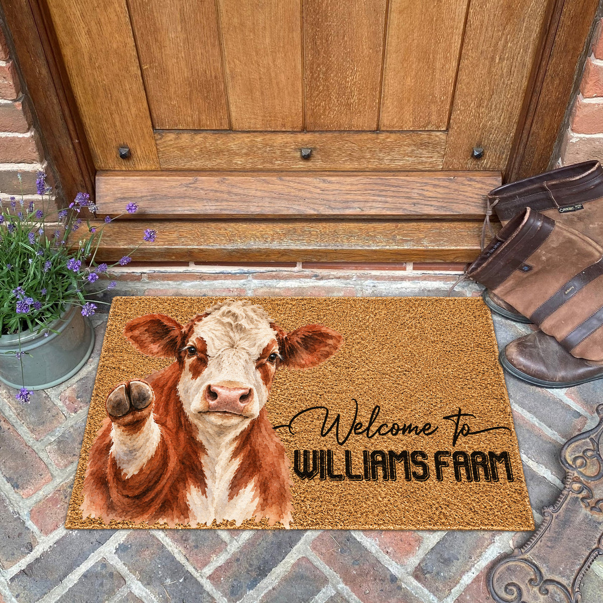 Welcome Hereford Portrait Watercolor Art Welcome Mat - Personalized Farm Name Weigh Coir Doormat