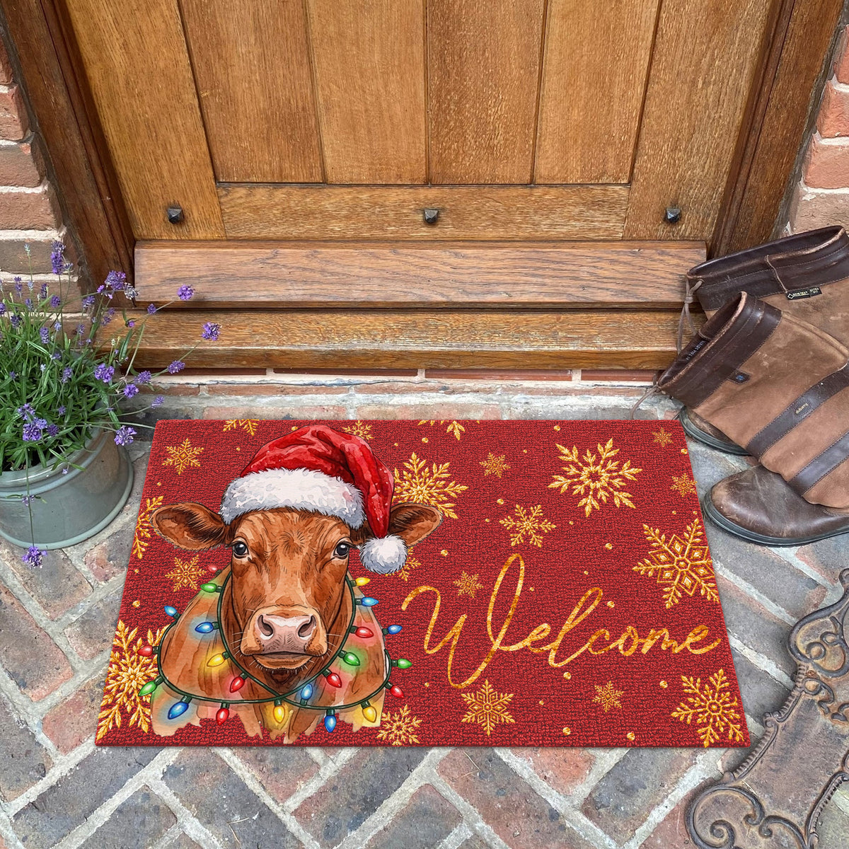 Christmas Gift Red Angus Portrait Watercolor Art Welcome Mat - Personalized Weigh Coir Doormat