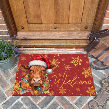 Christmas Gift Red Angus Portrait Watercolor Art Welcome Mat - Personalized Weigh Coir Doormat