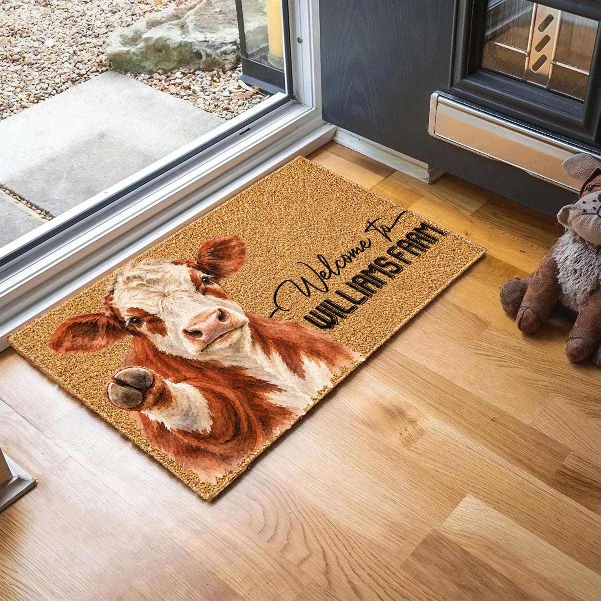 Welcome Hereford Portrait Watercolor Art Welcome Mat - Personalized Farm Name Weigh Coir Doormat