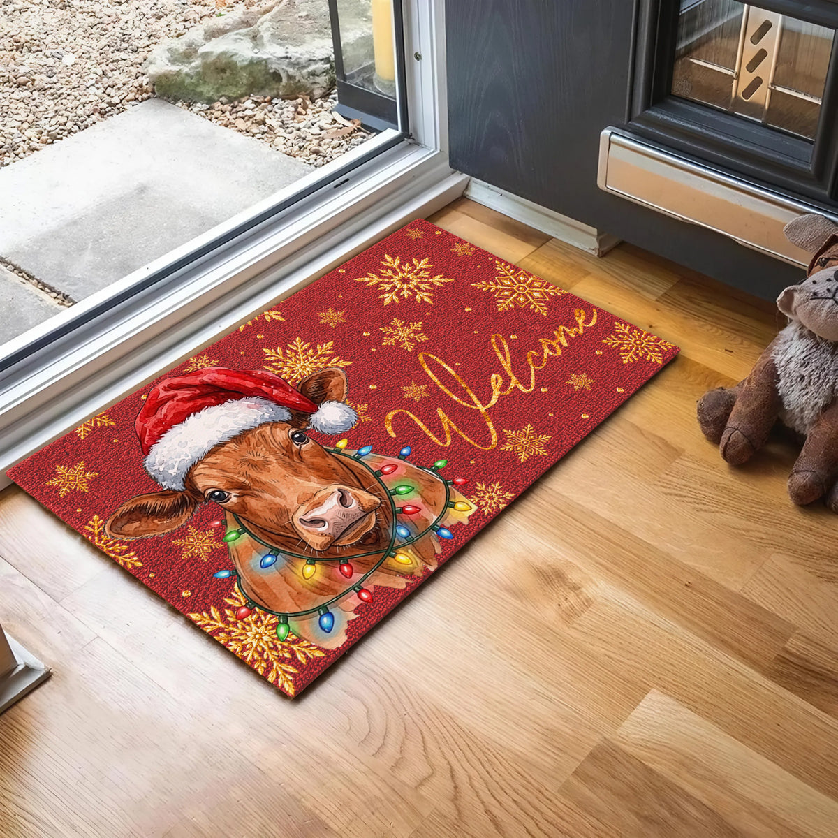 Christmas Gift Red Angus Portrait Watercolor Art Welcome Mat - Personalized Weigh Coir Doormat
