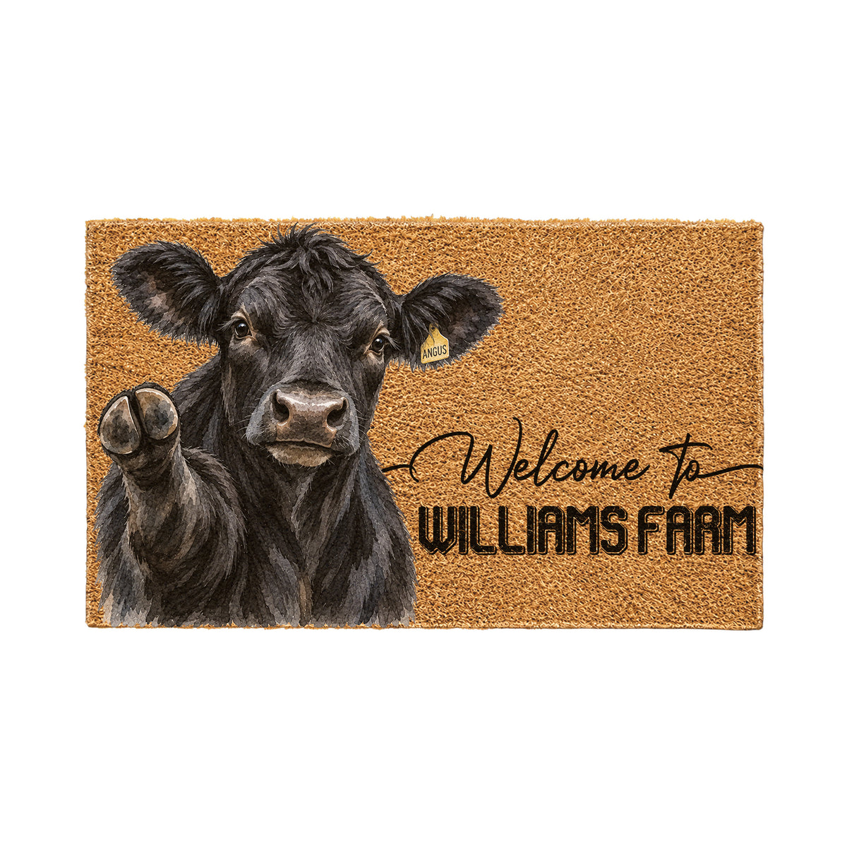 Welcome Black Angus Portrait Watercolor Art Welcome Mat - Personalized Farm Name Weigh Coir Doormat