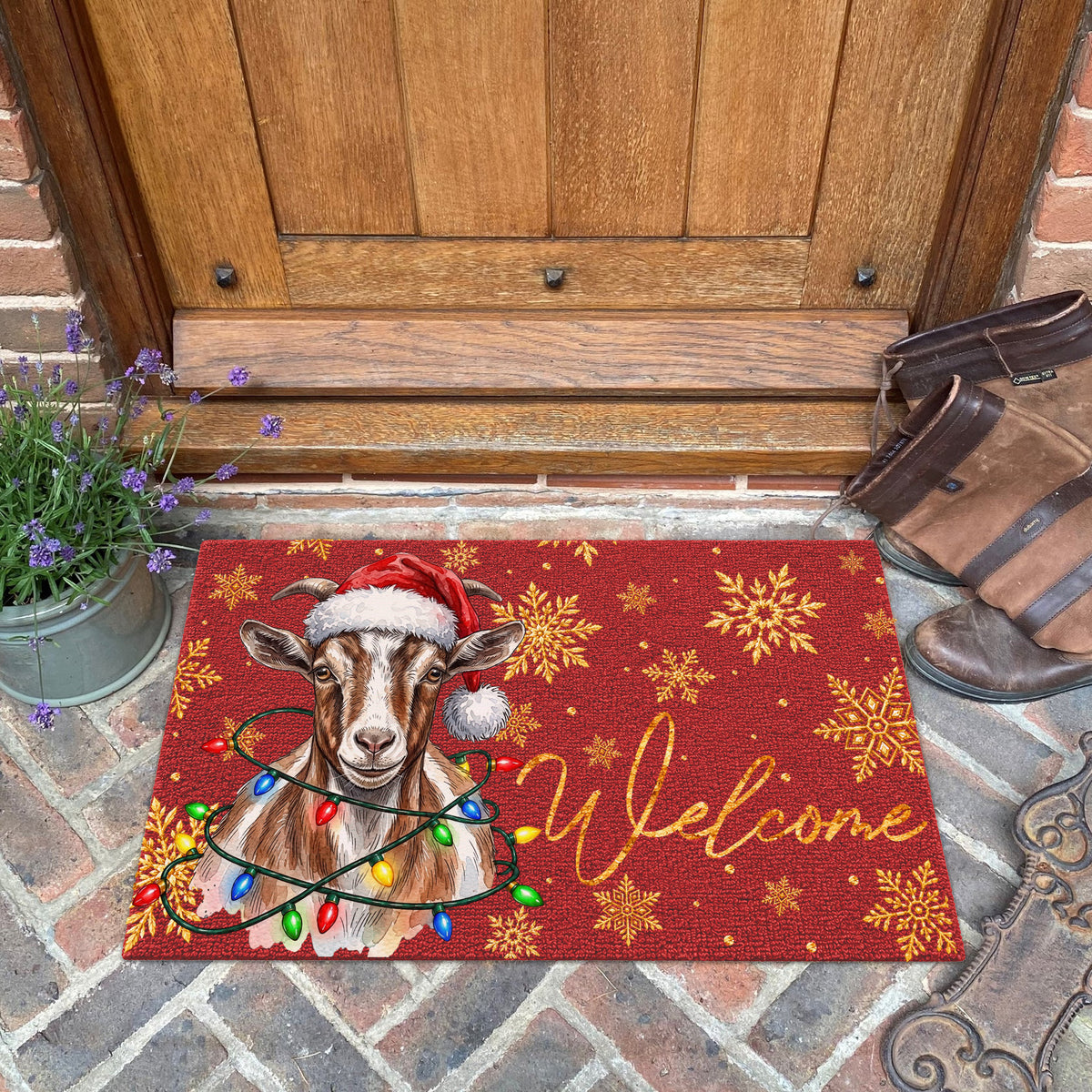 Christmas Gift Goat Portrait Watercolor Art Welcome Mat - Personalized Weigh Coir Doormat