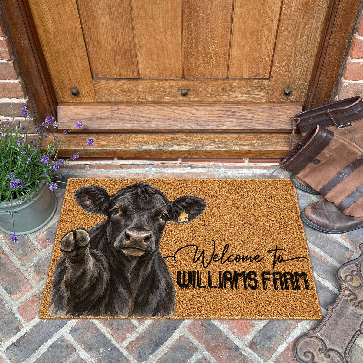 Welcome Black Angus Portrait Watercolor Art Welcome Mat - Personalized Farm Name Weigh Coir Doormat