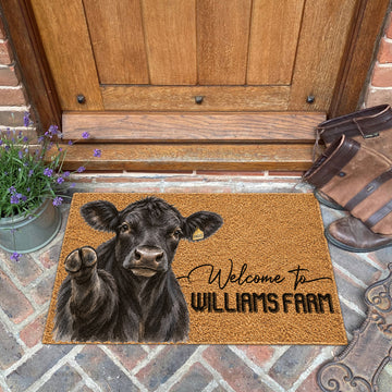 Welcome Black Angus Portrait Watercolor Art Welcome Mat - Personalized Farm Name Weigh Coir Doormat