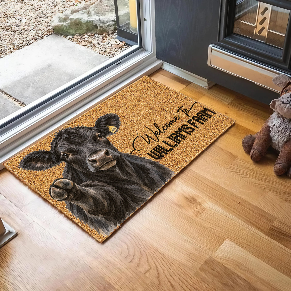 Welcome Black Angus Portrait Watercolor Art Welcome Mat - Personalized Farm Name Weigh Coir Doormat