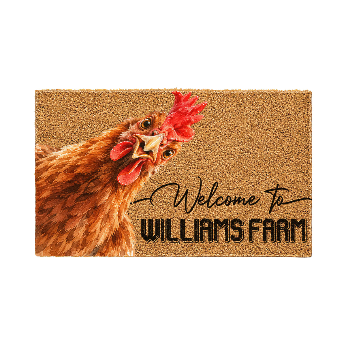 Welcome Chicken Portrait Watercolor Art Welcome Mat - Personalized Farm Name Weigh Coir Doormat