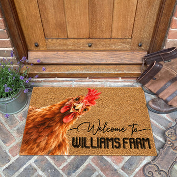 Welcome Chicken Portrait Watercolor Art Welcome Mat - Personalized Farm Name Weigh Coir Doormat