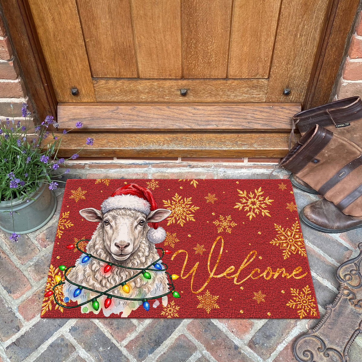 Christmas Gift Sheep Portrait Watercolor Art Welcome Mat - Personalized Weigh Coir Doormat