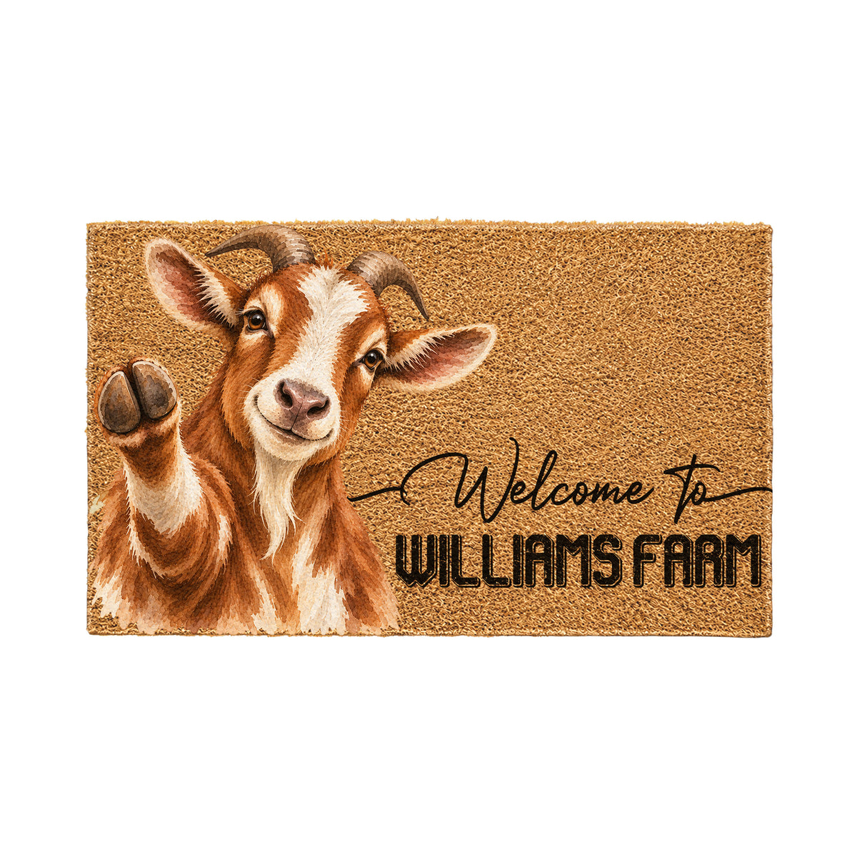 Welcome Goat Portrait Watercolor Art Welcome Mat - Personalized Farm Name Weigh Coir Doormat