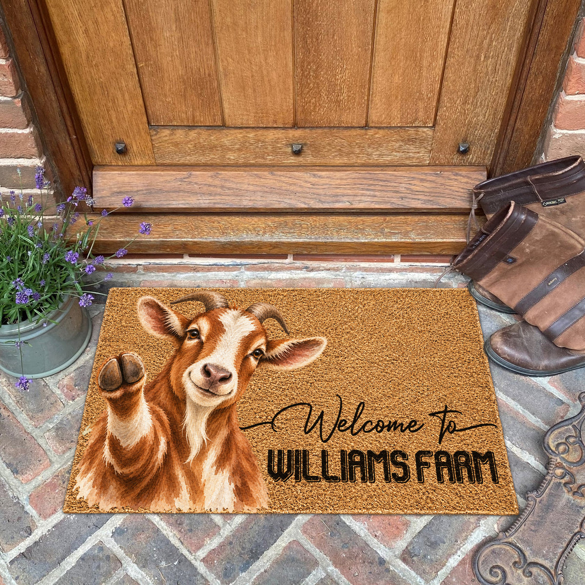 Welcome Goat Portrait Watercolor Art Welcome Mat - Personalized Farm Name Weigh Coir Doormat