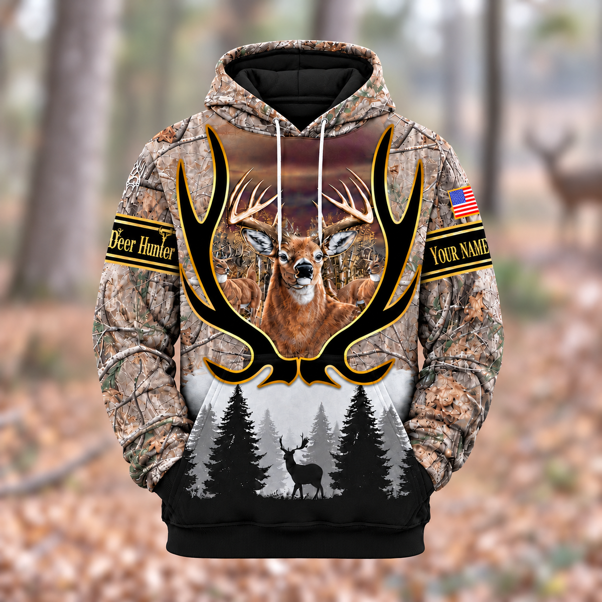 Personalized Name Deer Hunting Grass Brown Camouflage Forest Pattern 3D Over Printed Hoodie