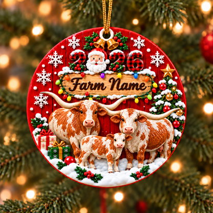 Personalized Farm Name Texas Longhorn Gift For Farmers - Circle Ceramic Ornament