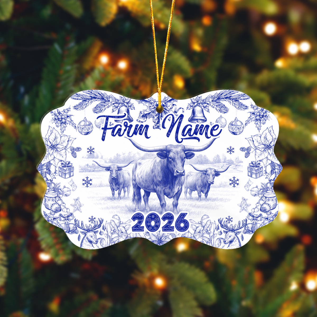 Ranvibes Personalized Texas Longhorn Toile De Jouy Medallion Ceramic Ornament