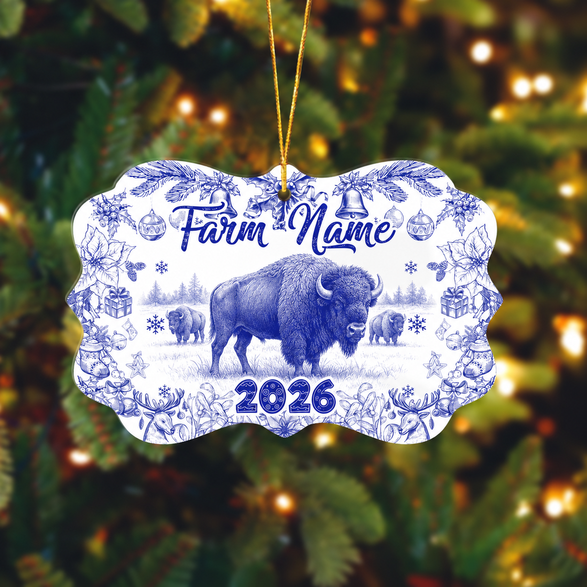 Ranvibes Personalized Bison Toile De Jouy Medallion Ceramic Ornament
