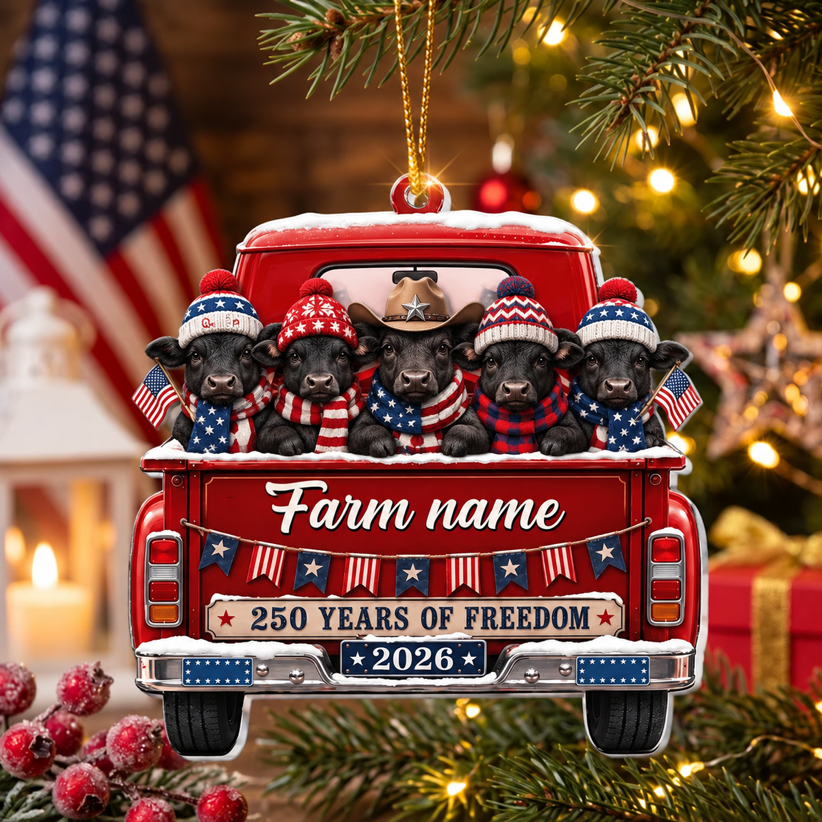Personalized Black Angus Farm Name Christmas Ornament 2026 – America 250th Anniversary