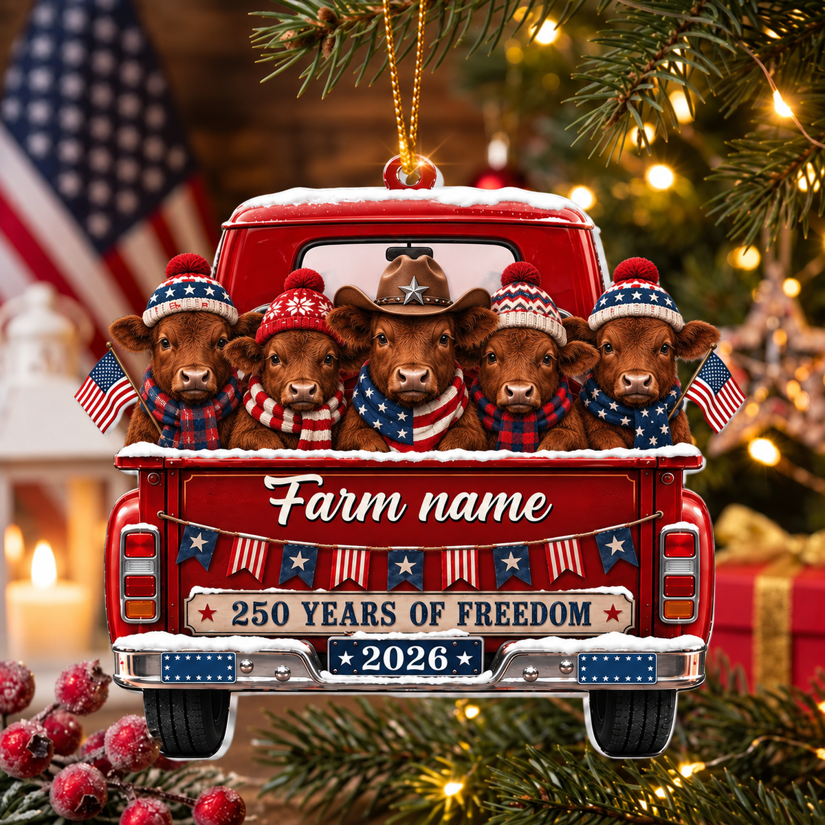Personalized Red Angus Farm Name Christmas Ornament 2026 – America 250th Anniversary