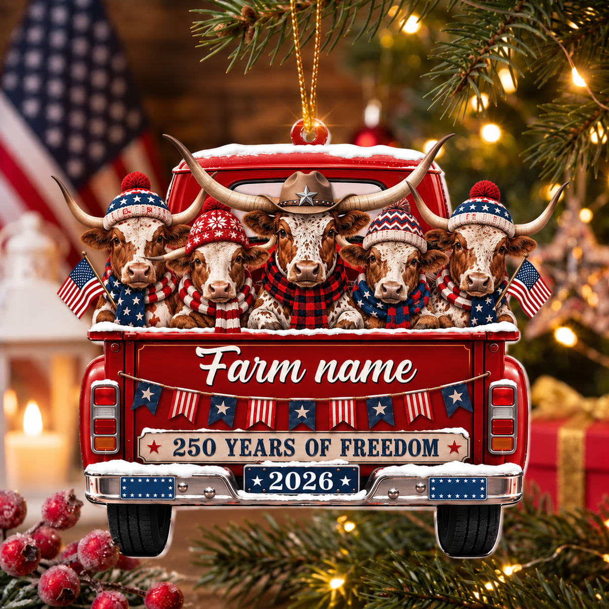 Personalized Texas Longhorn Farm Name Christmas Ornament 2026 – America 250th Anniversary
