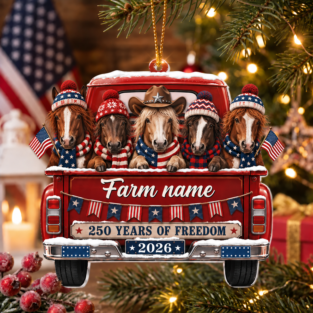Personalized Horse Farm Name Christmas Ornament 2026 – America 250th Anniversary