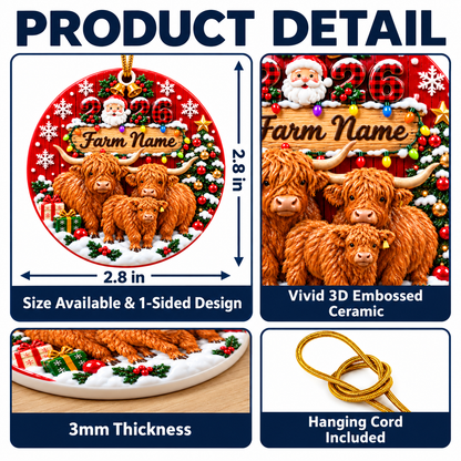 Personalized Farm Name Highland Cattle Gift For Farmers - Circle Ceramic Ornament