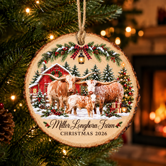 Personalized Farm Name Texas Longhorn Merry Christmas Wood Slice Ornament 2026
